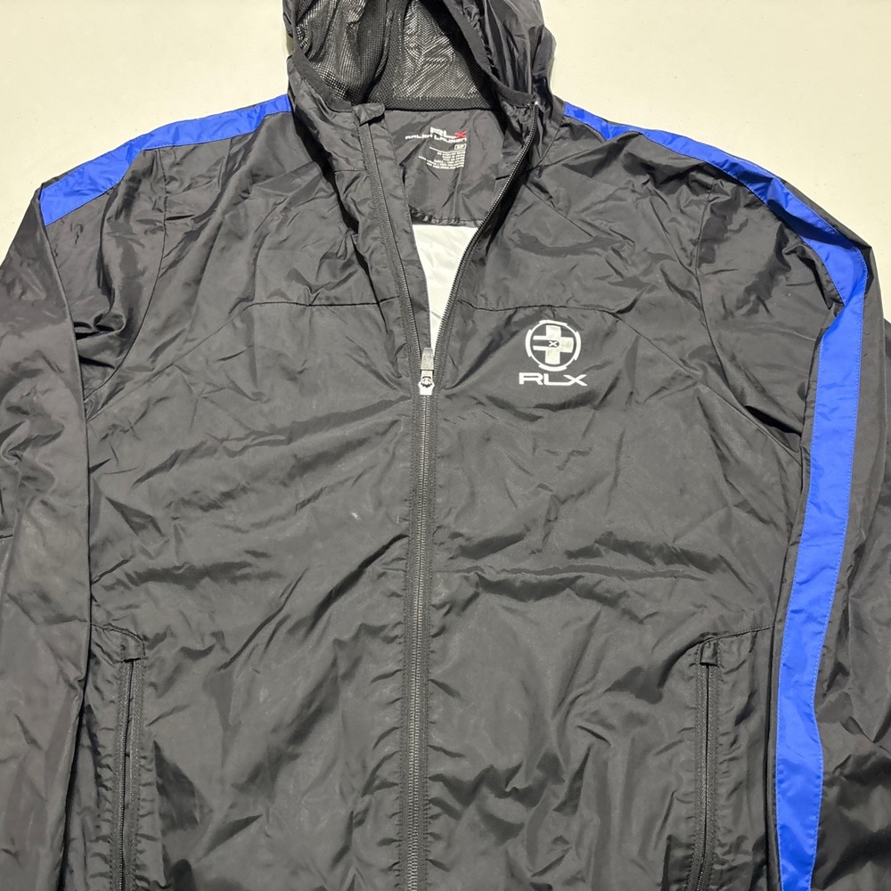 RLX Jacket Mens S/P Black Blue Hooded Full Zip Windbreaker Nylon Track Light